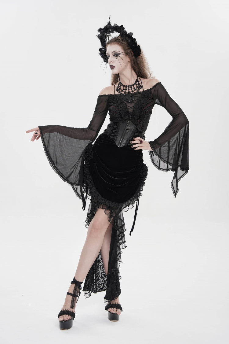 Black Embroidered Rose Lace-up Irregular Women's Gothic Hem Skirt - Product - 7