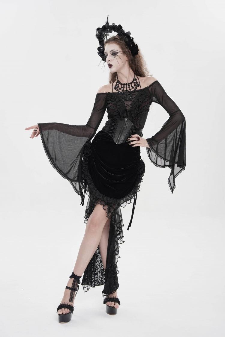 Black Embroidered Rose Lace-up Irregular Women's Gothic Hem Skirt - Product - 7