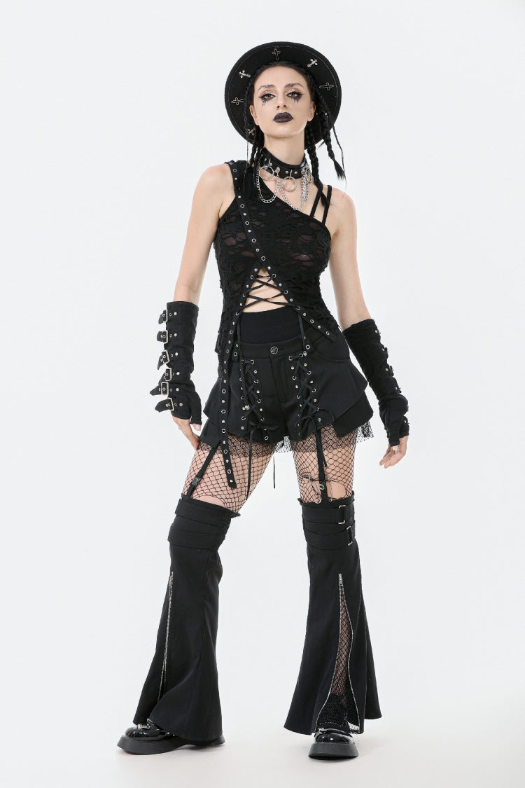 Black Sleeveless Ripped Eyelet Lace-Up Asymmetric Hem Women's Punk Top - Black - 1