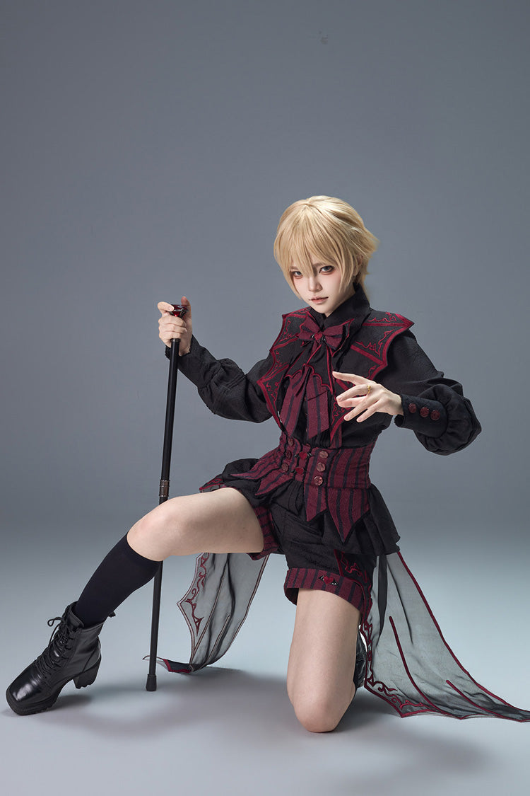 Black/Red [Demon Ritual] Stand Collar Long Lantern Sleeves Jacquard Embroidered Bow Gothic Prince Ouji Lolita Shorts Set - Product - 9
