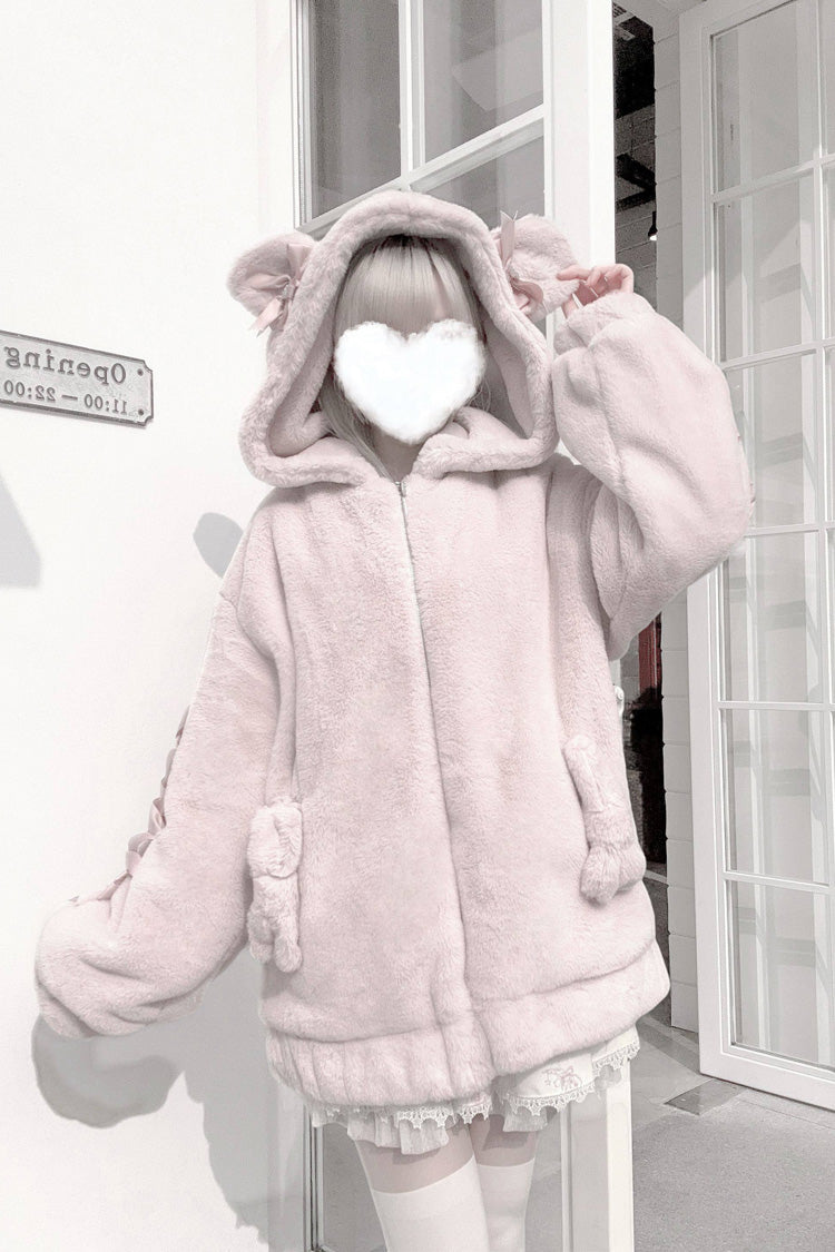 [Sleepy Bear Fluffy] Bear Ears Long Sleeves Bow Lace-Up Hooded Zippered Sweet Jirai Kei Japanese Coat - Product - 9