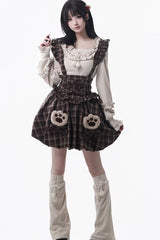 Brown [Fluffy Little Bear] Plaid Printed Ruffled Bow Sweet Lolita Strap Dress - Brown - 1