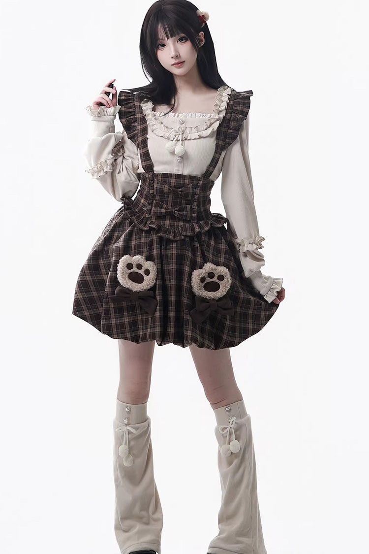 Brown [Fluffy Little Bear] Plaid Printed Ruffled Bow Sweet Lolita Strap Dress - Brown - 1