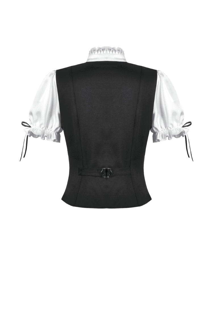 Black/White Short Puff Sleeves Lace Ruffled Stand Collar Women's Gothic Royal Blouse - Product - 16
