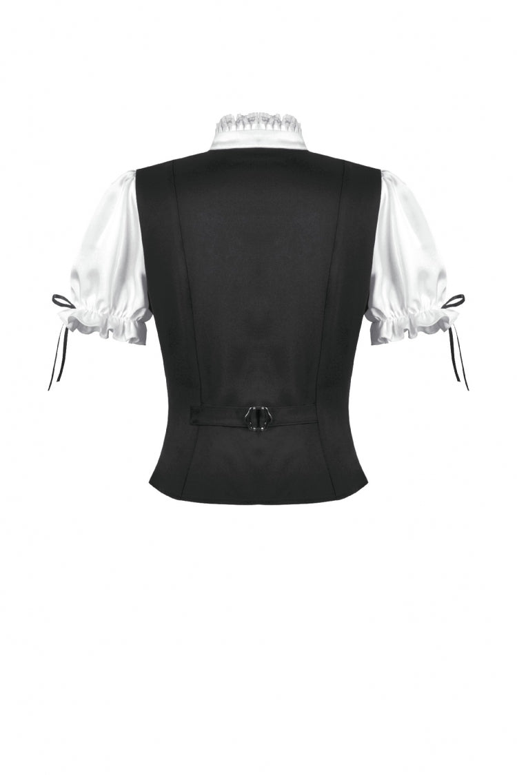 Black/White Short Puff Sleeves Lace Ruffled Stand Collar Women's Gothic Royal Blouse - Product - 16