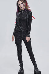 Black Punk Shimmery Stretch Fabric With Zipper Metal Pentagram Pendant Women's Shirt - Product - 3