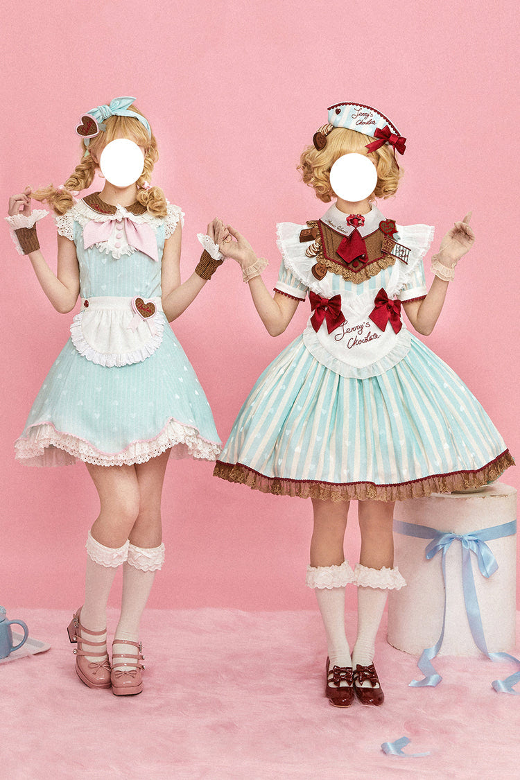 グリーン [Jenny's Chocolate] 半袖 縦ストライプ プリント フリルリボン スウィートロリータワンピース 商品画像