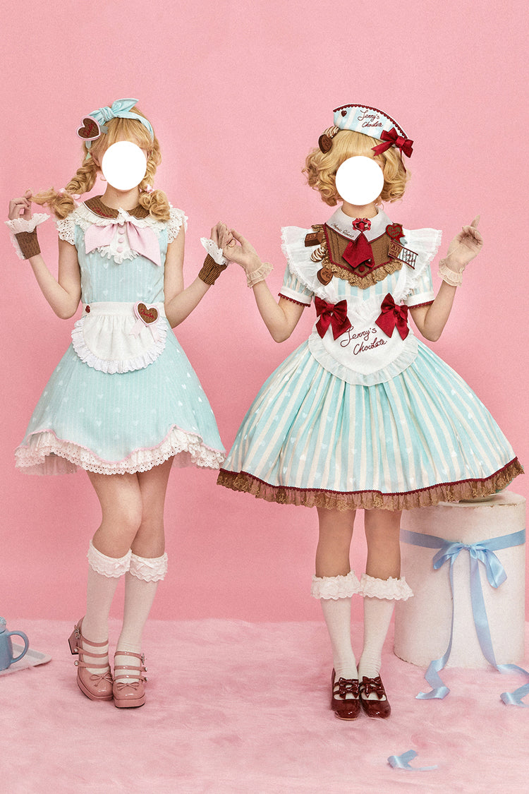 Green [Jenny's Chocolate] Short Sleeves Vertical Stripes Print Ruffle Bowknot Sweet Lolita Dress - Product - 12