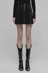 Black Faux Leather Cross Strap Design Metal Zipper Decoration High Waist Women's Punk Skirt - Black - 1