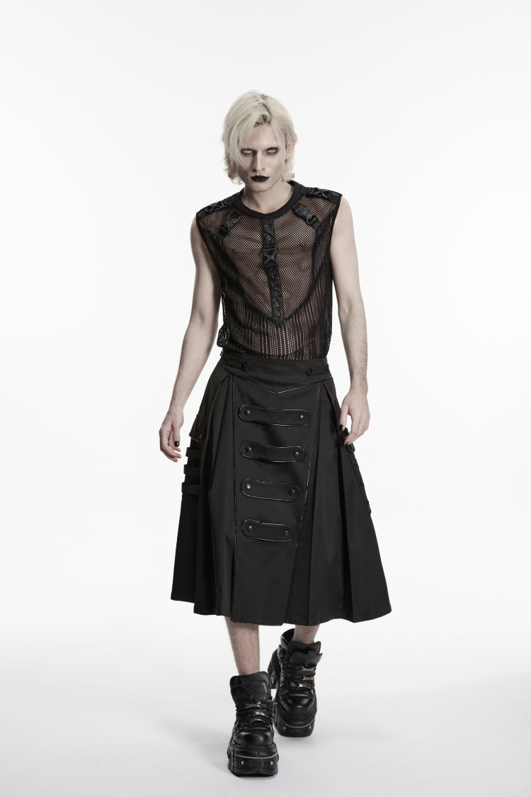 Black Studded Zippered  Big Pockets Pleated Men's Punk Skirt - Black - 1