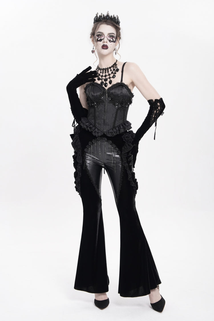 Black Ruffled Spliced Women's Gothic Floral Faux Leather&Velvet Ruffle Pants - Product - 3