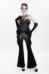 Black Ruffled Spliced Women's Gothic Floral Faux Leather&Velvet Ruffle Pants - Product - 3