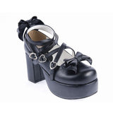 Black Synthetic Leather Cross Straps Bow Lolita Shoes - Product - 4