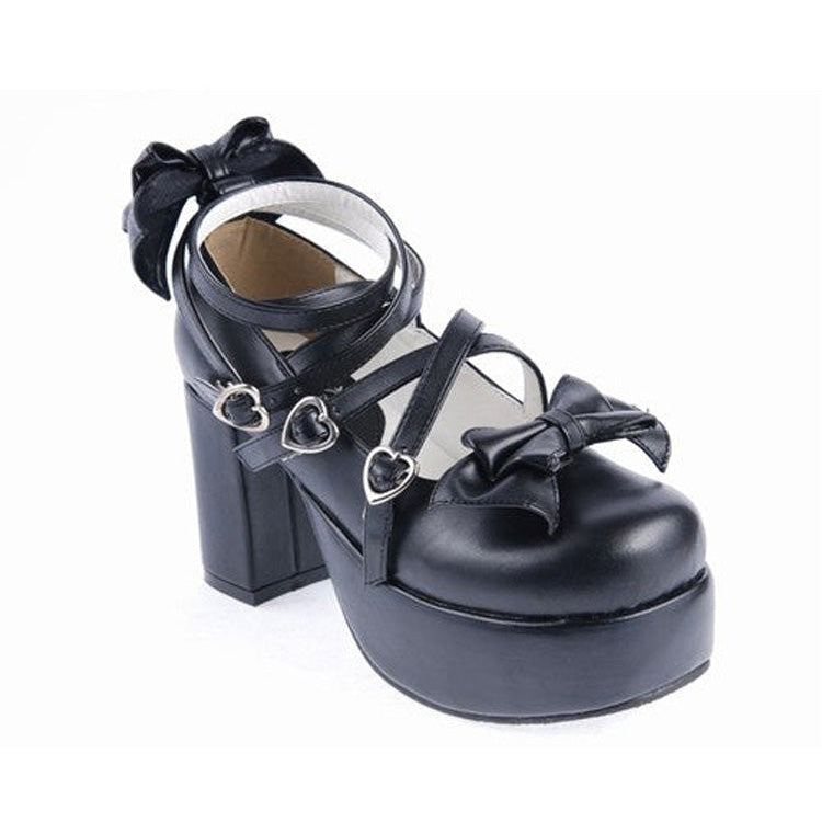 Black Synthetic Leather Cross Straps Bow Lolita Shoes - Product - 4