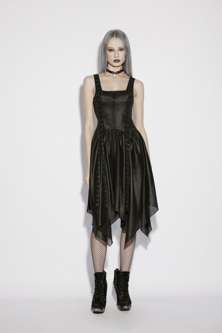 Black Off Shoulder Slim Irregular Zippered Eyelet Women's Punk College Style Dress - Product - 6
