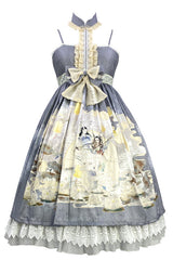 Blue Chinese Mythology Print High Waist Lace Trim Sweet Lolita JSK Dress - Product - 9
