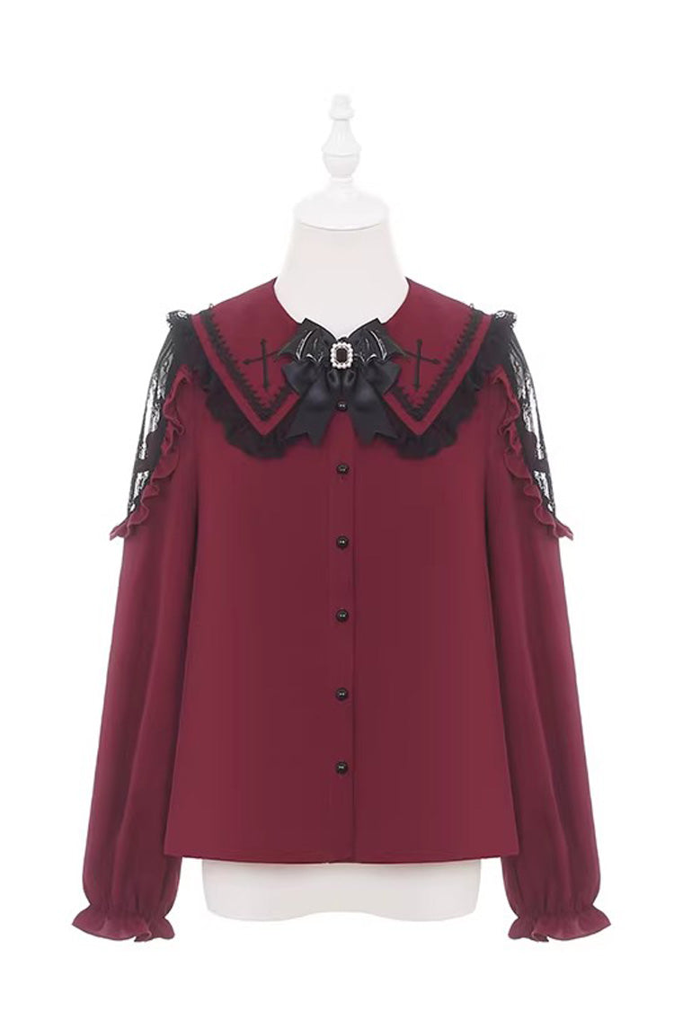 Black/Red [Showa Cake] Sleeveless Triple-Layered Ruffled Bow Lace-Up Witch Gothic Lolita Jsk Dress - Red-Blouse - 13