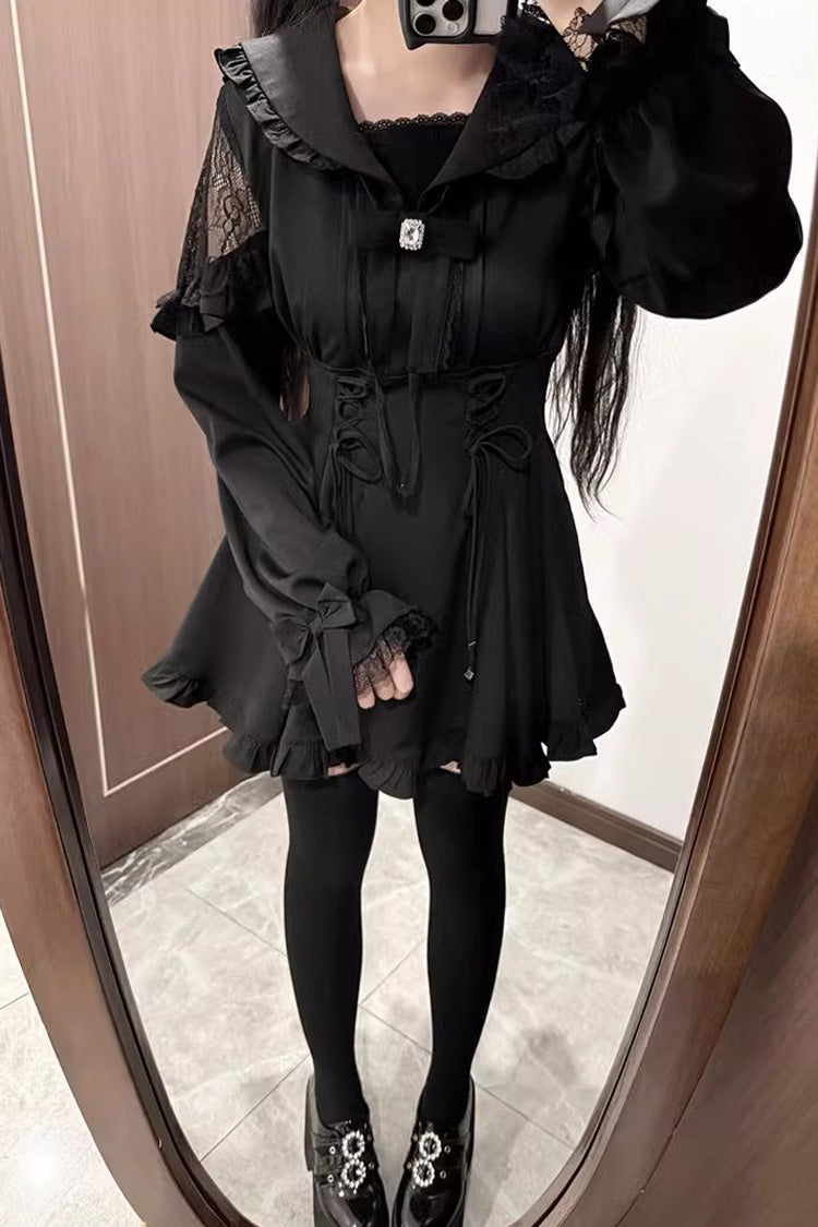 Black [Truffle Forest] Long Sleeves Ruffle Stitching Lace-Up Jirai Kei Japanese Dress Shorts Set - Product - 6