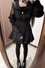 Black [Truffle Forest] Long Sleeves Ruffle Stitching Lace-Up Jirai Kei Japanese Dress Shorts Set - Product - 6