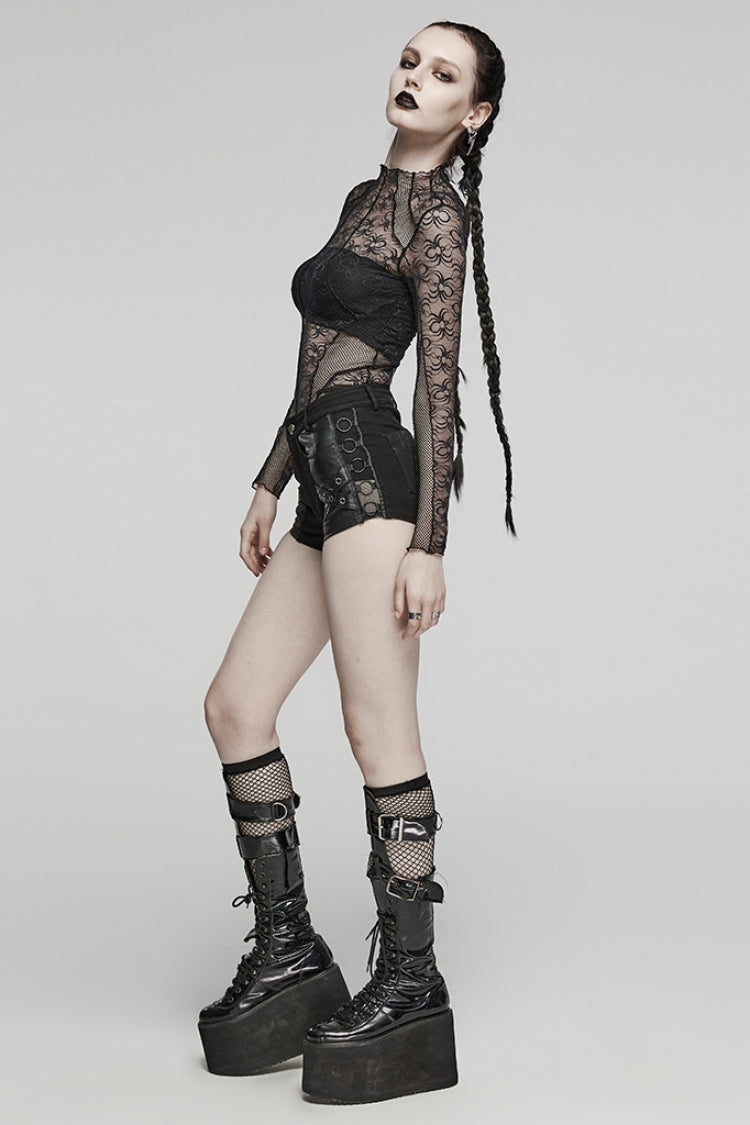 Black Faux Leather Stitching Mesh Eyelet Women's Punk Ring Shorts - Product - 4