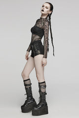 Black Faux Leather Stitching Mesh Eyelet Women's Punk Ring Shorts - Product - 4