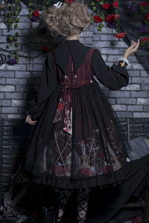 Black/Red Lapel Collar Long Sleeves High Waisted Printed Gothic Lolita OP Dress - Product - 7