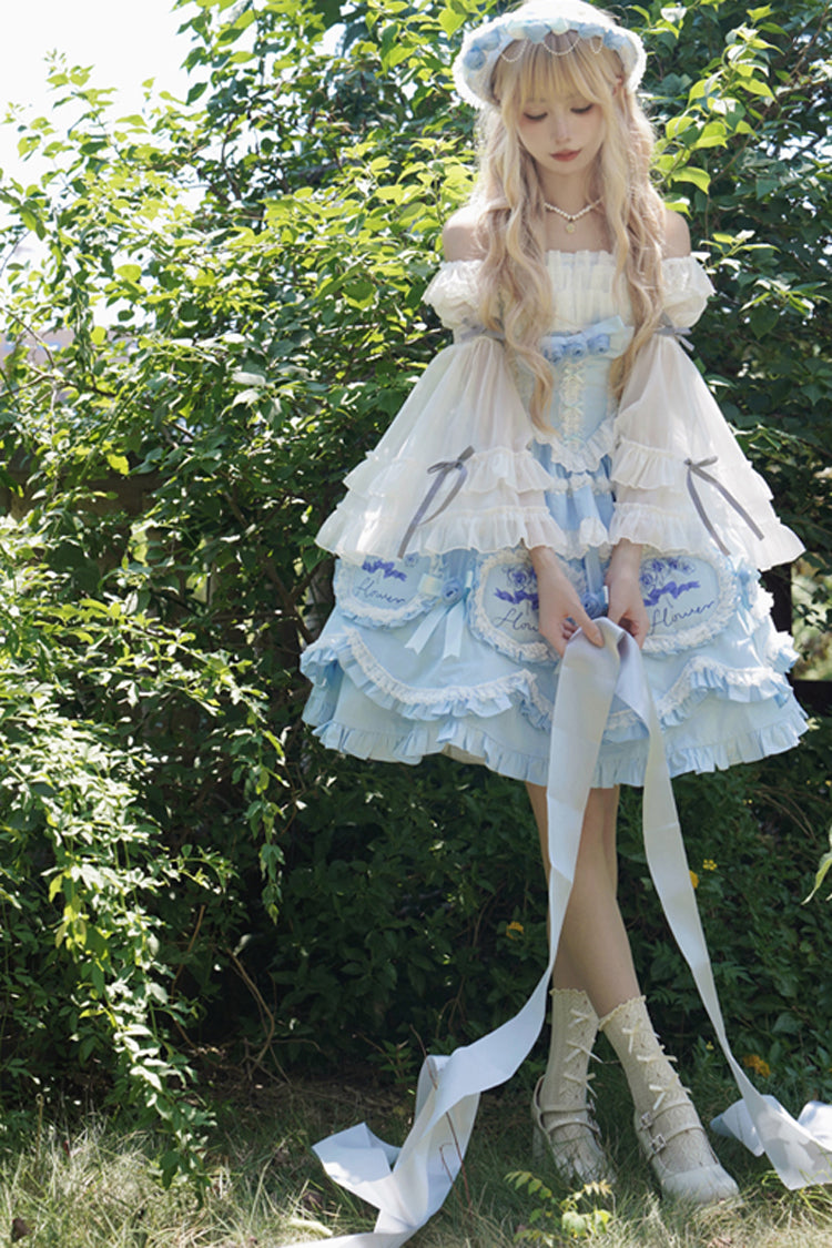 Blue [Butterfly Dream] Multi-Layered Print Ruffle Bowknot Sweet Princess Lolita Jsk Dress - Product - 6