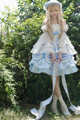 Blue [Butterfly Dream] Multi-Layered Print Ruffle Bowknot Sweet Princess Lolita Jsk Dress - Product - 6