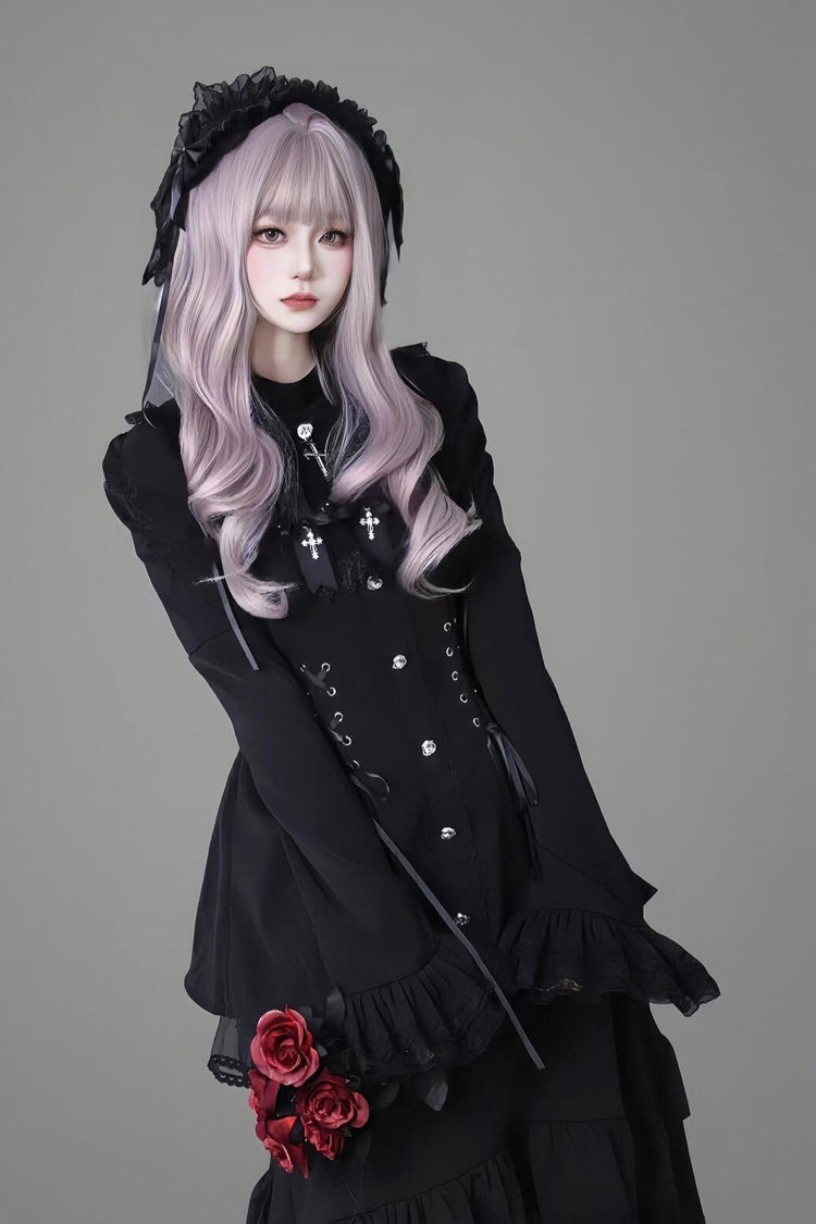 Black Long Trumpet Sleeves Ruffle Gothic Jirai Kei Japanese Dress Set 2 Colors - Product - 3