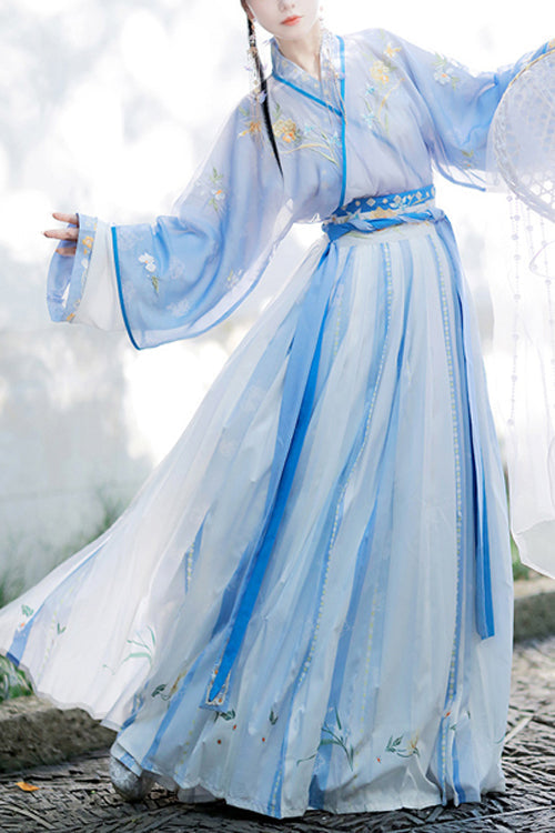Chinese Chest Cuffs Beautifully Embroidered Sweet Hanfu Dress Full Set - Blue - 1