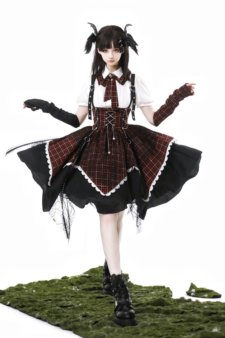 Black/Red [Soul Mantra] Plaid Print Irregular Sweet Lolita Strap Dress - Product - 2