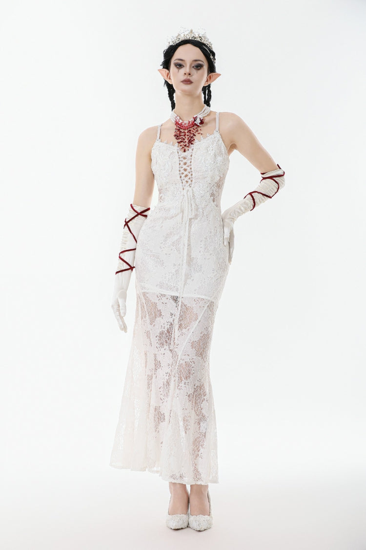 White Sleeveless Lace Lace-Up Women's Gothic Slip Dress Mermaid Wedding Dress - Product - 2