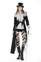 Black Peak Lapel Collar Long Sleeves Irregular Distressed Women's Gothic Punk Coat with Belt - Product - 10