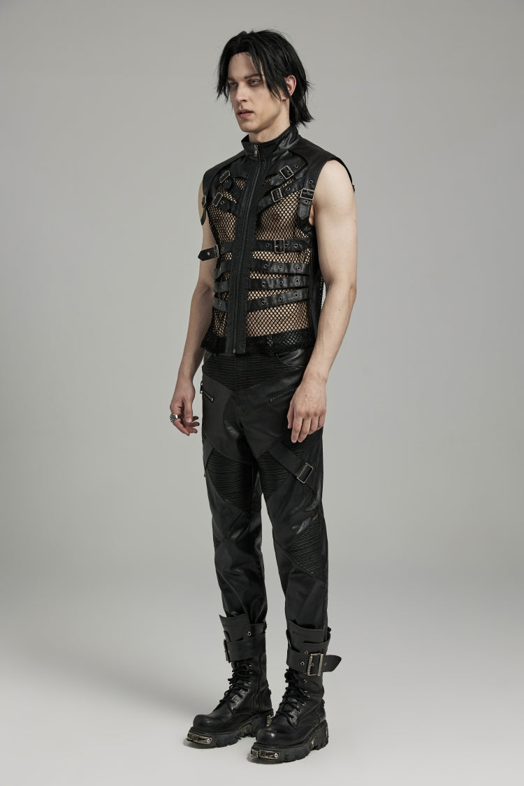 Black Multi-buckles Hollow Mesh Faux Leather Men's Punk Vest - Product - 7