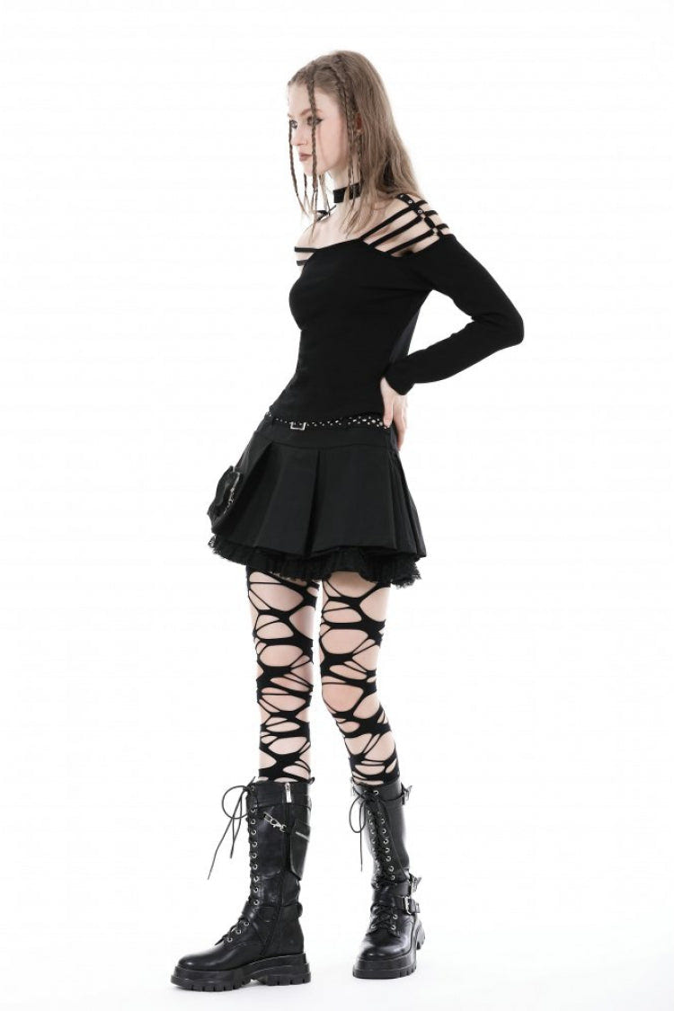 Black Off Shoulder Long Sleeves Cut-Out Buckled Women's Punk Blouse - Product - 9