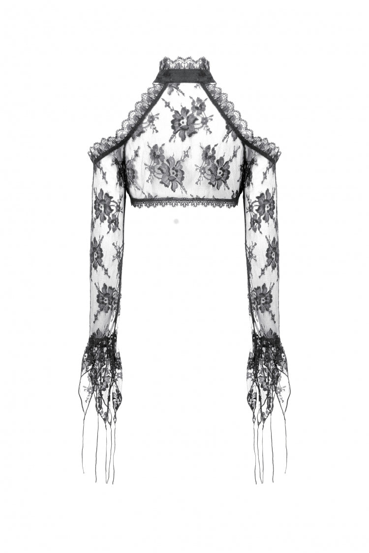 Black Off Shoulder Long Sleeves Sheer Floral Lace Women's Gothic Shrug - Product - 15