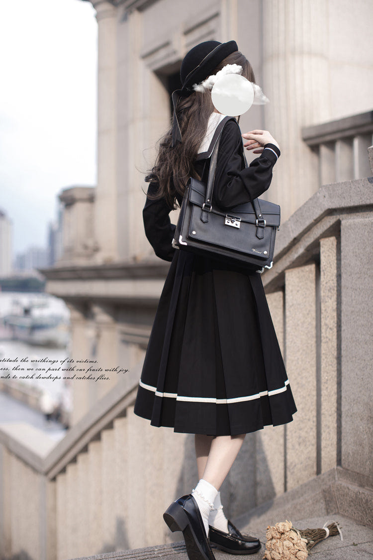 Black Navy Collar Long Sleeves Bowknot Sweet Japanese College Style Elegant Lolita Dress - Product - 8