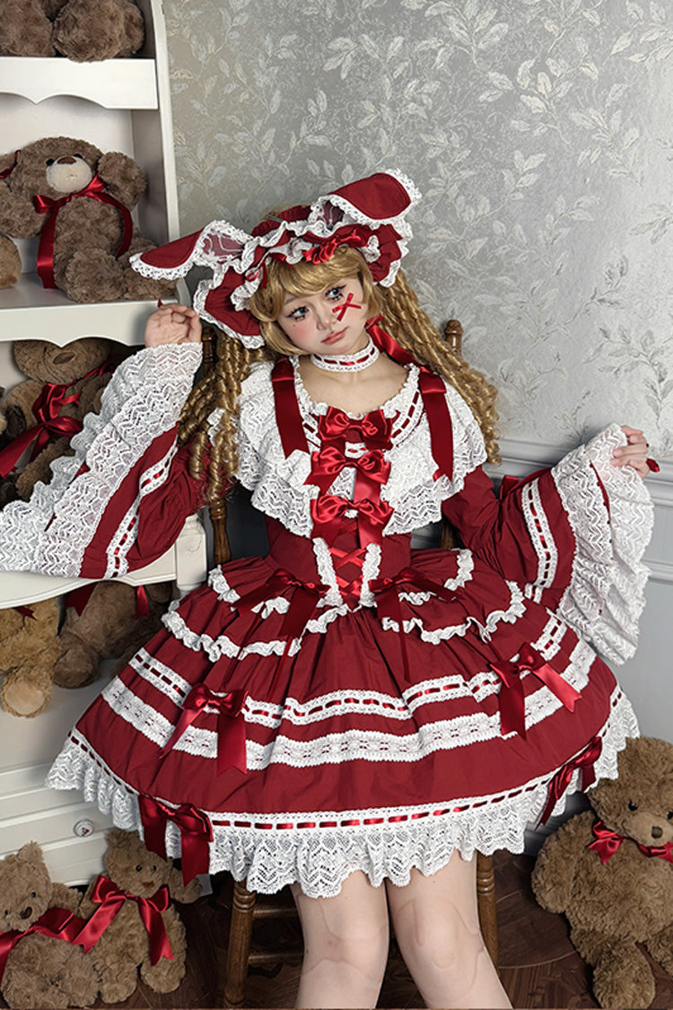 Wine Red [Rabbit Sleeping Doll] Long Trumpet Sleeves Ruffle Bowknot Lace Sweet Lolita Dress - Product - 2