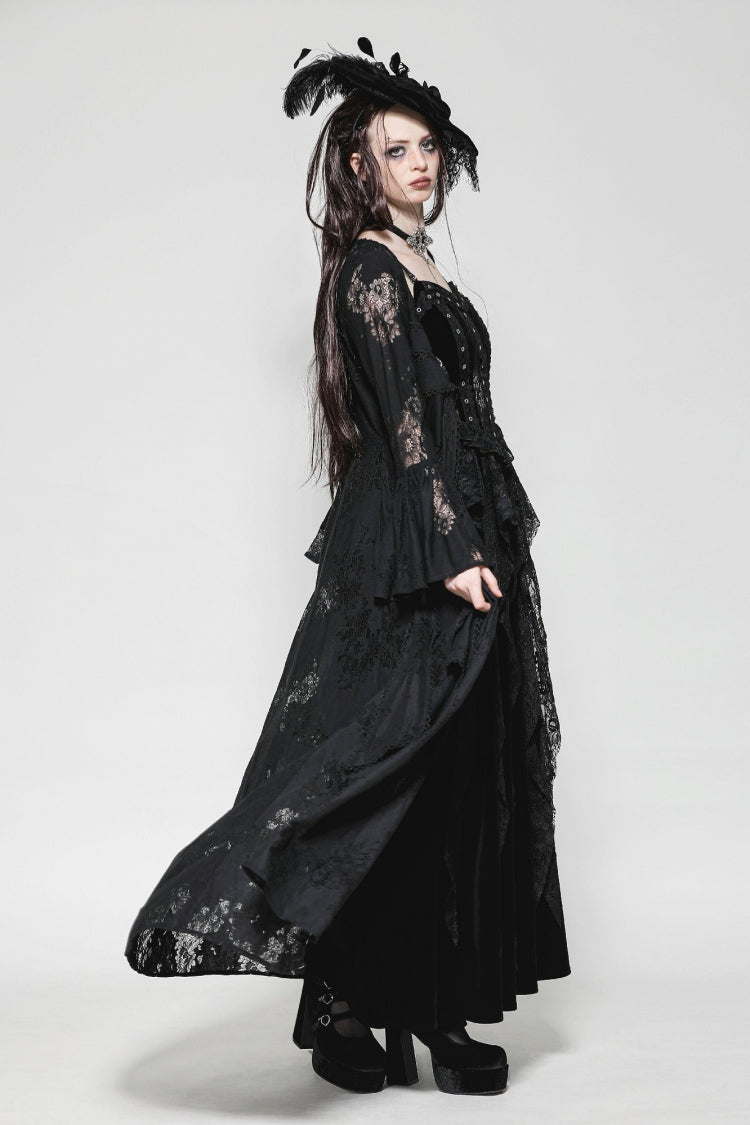 Black Long Flared Sleeves Lace Trimmed Lace-Up Women's Gothic Elegant Robe - Product - 9