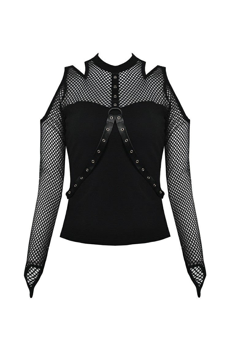 Black Off Shoulder Long Sleeves Mesh Crossed Harness Straps Eyelet Sexy Women's Punk Top - Product - 3