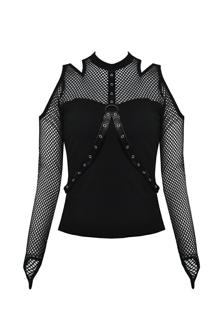 Black Off Shoulder Long Sleeves Mesh Crossed Harness Straps Eyelet Sexy Women's Punk Top - Product - 3
