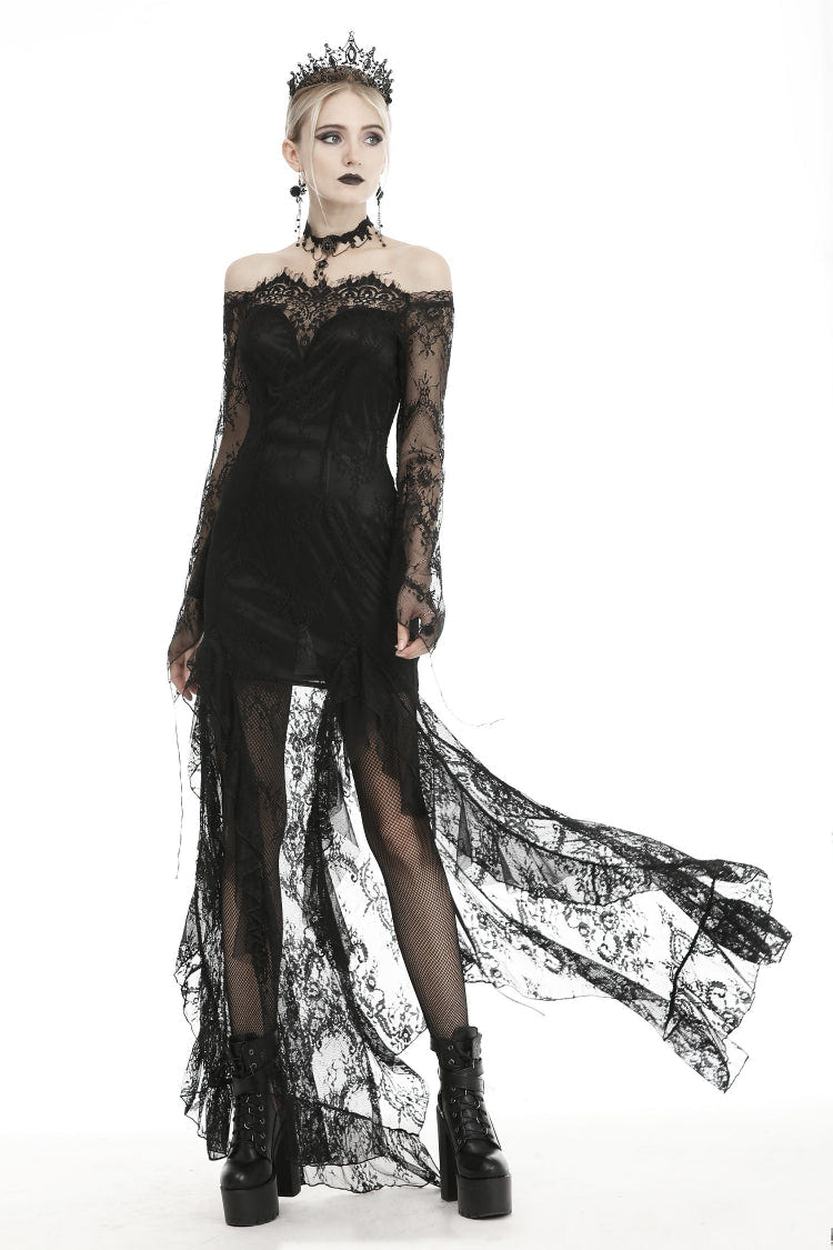 Black Off Shoulder Long Sleeves Lace Lace-Up Women's Gothic Mermaid Wedding Dress - Product - 6