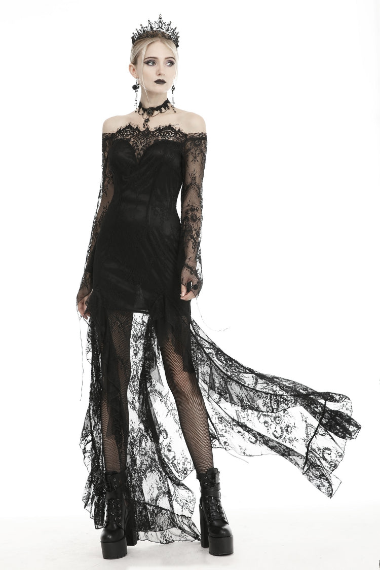 Black Off Shoulder Long Sleeves Lace Lace-Up Women's Gothic Mermaid Wedding Dress - Product - 6