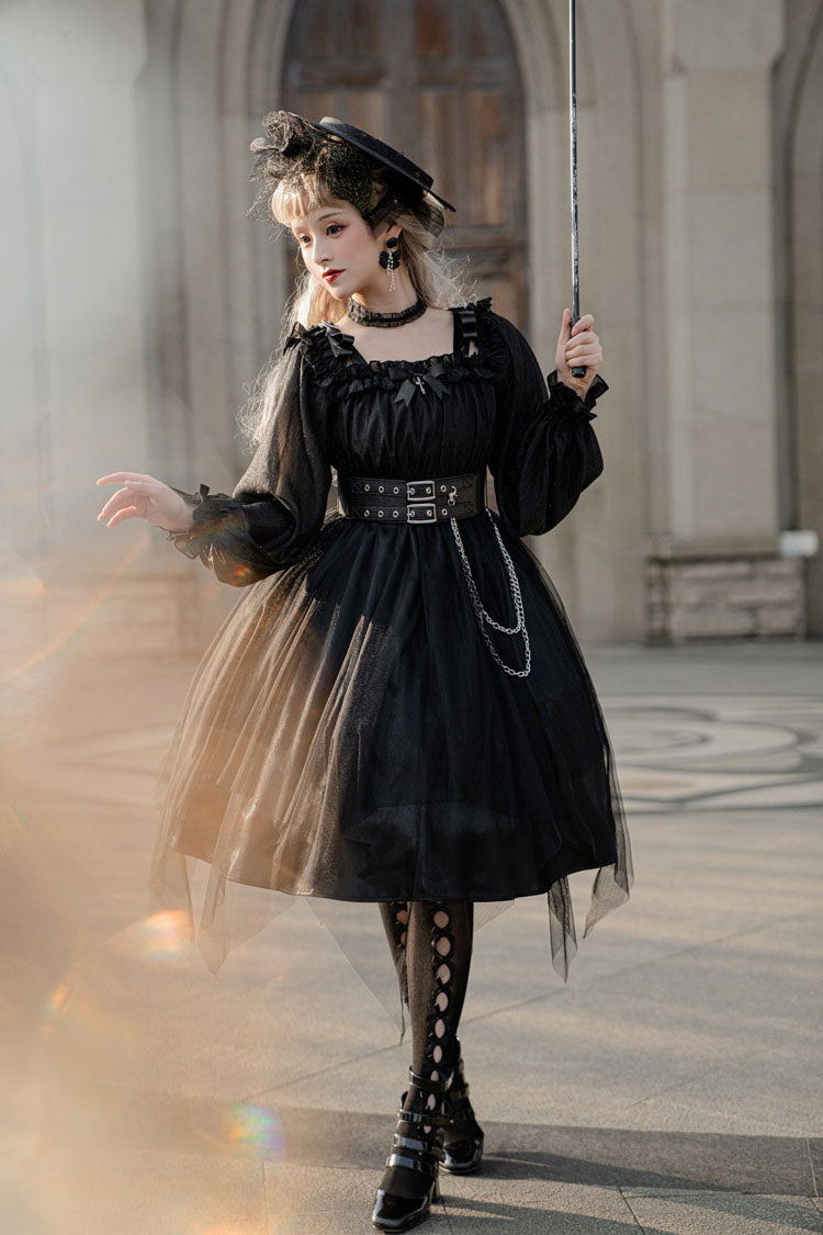 Black Square Collar Metal Chain Organza Stitching Gothic Lolita OP Dress (Short Version) - Product - 8