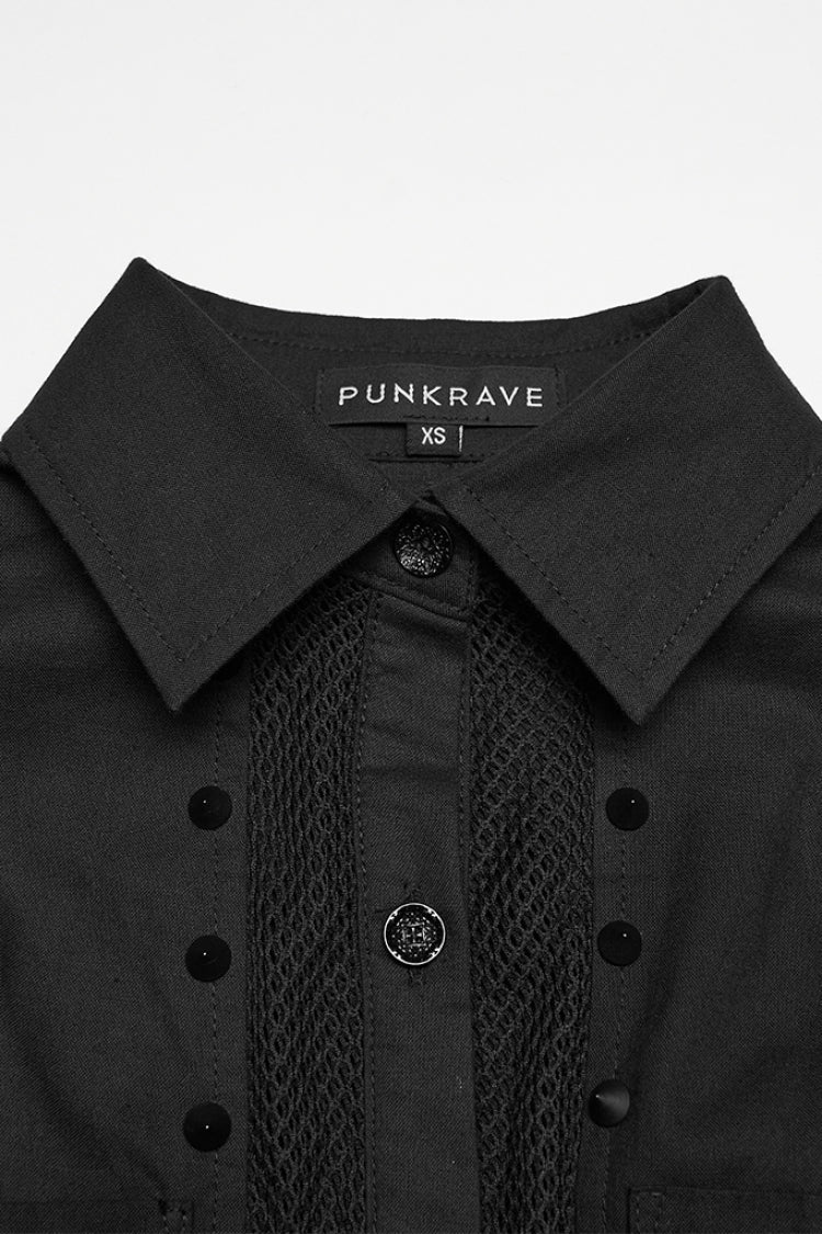 Black Lapel Collar Short Sleeves Mesh Studded Tassels  Women's Punk Blouse - Product - 5