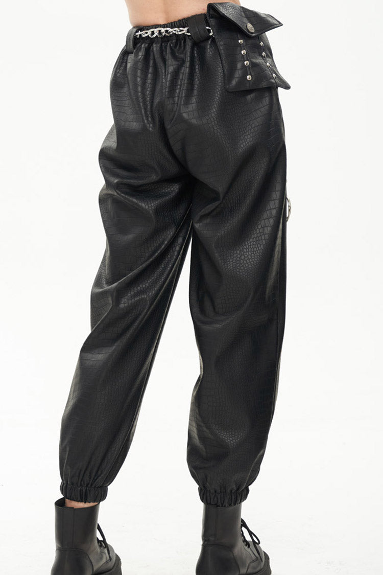 Black Gothic Crocodile Pattern Metal Chain Design Lantern Leather Women's Pants - Product - 3