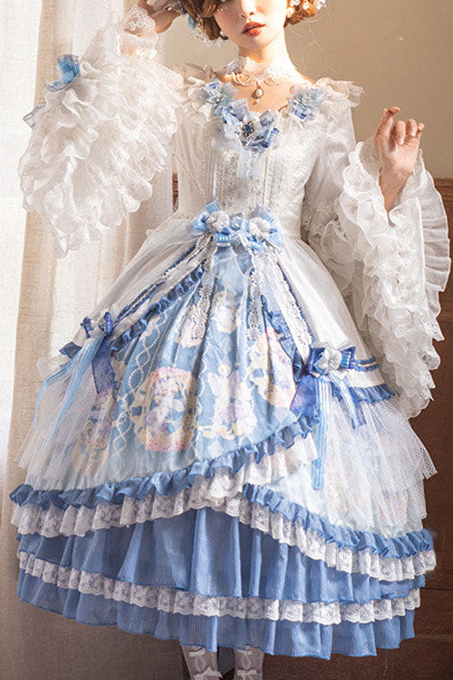Blue/White Three Dimensional Flower Embroidery Hanayome Long Sleeves Bowknot Multi-Layer Ruffled Sweet Lolita OP Dress - Blue/White - 1