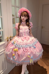 Pink [Candy Party] Short Sleeves Multi-Layered Ruffled Bow Lace Lace-Up Sweet Lolita Dress - Product - 2