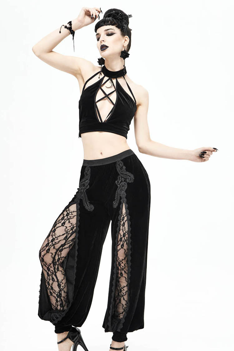 Black Gothic Front Decals Split Splice Mesh Velvet Women's Pants - Product - 9