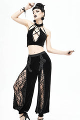 Black Gothic Front Decals Split Splice Mesh Velvet Women's Pants - Product - 9